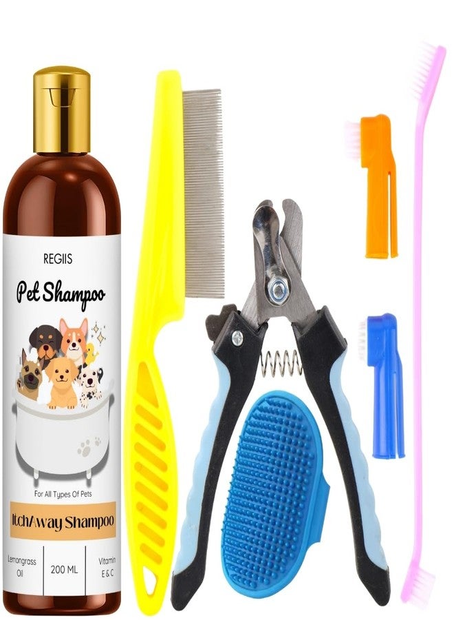Regiis Pet Grooming Kit with Shampoo, 5-Piece Set, Includes Nail Clippers, Metal Comb, Brushes, Lemongrass Itch Away Shampoo for Dogs, Cats, All Pets, 200ml(PACK OF 5) - Image 1